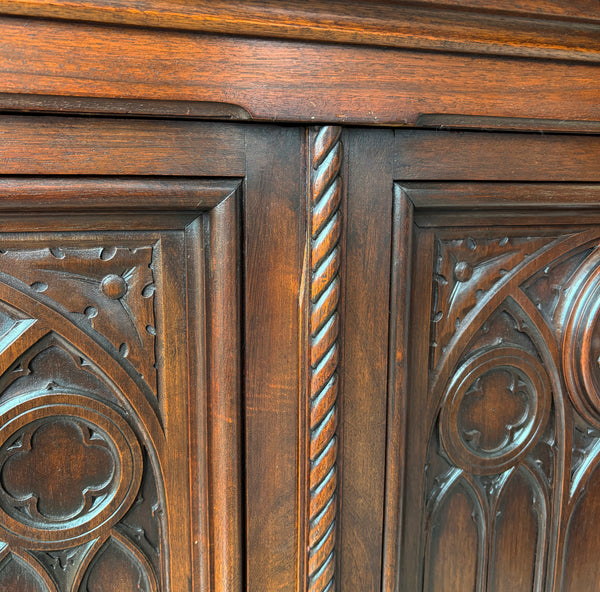 Large Antique French Gothic Revival Cabinet Highly Carved in Walnut Wood