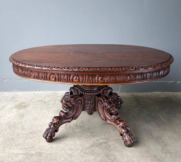 Antique French Dining Table in Solid Oak Wood with Highly Carved Base