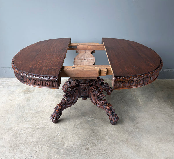Antique French Dining Table in Solid Oak Wood with Highly Carved Base