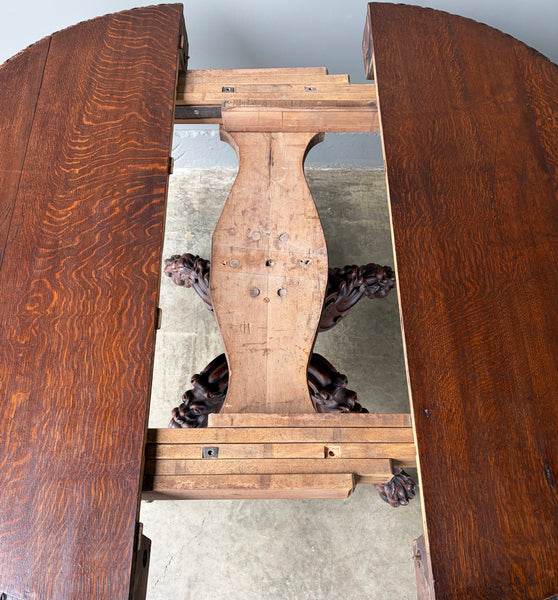 Antique French Dining Table in Solid Oak Wood with Highly Carved Base