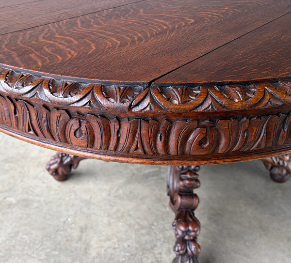 Antique French Dining Table in Solid Oak Wood with Highly Carved Base
