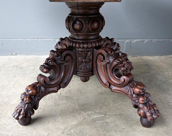 Antique French Dining Table in Solid Oak Wood with Highly Carved Base