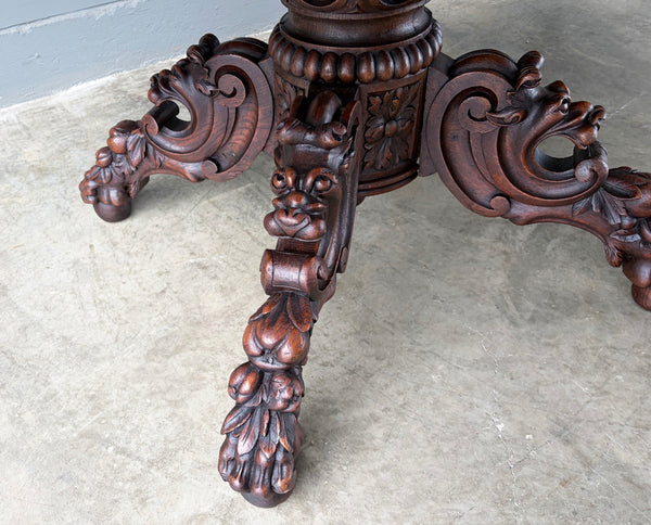 Antique French Dining Table in Solid Oak Wood with Highly Carved Base