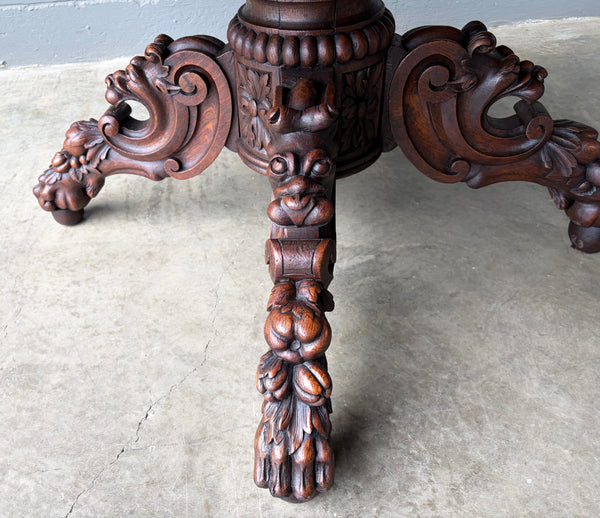 Antique French Dining Table in Solid Oak Wood with Highly Carved Base