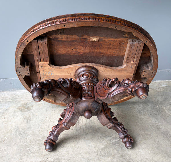 Antique French Dining Table in Solid Oak Wood with Highly Carved Base