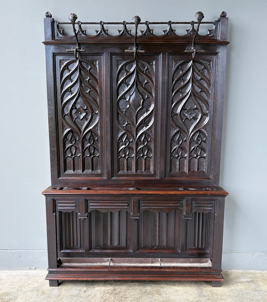 Antique French Gothic Hall Tree/Hall Stand/Coat/Hat Rack in Solid Chestnut Wood