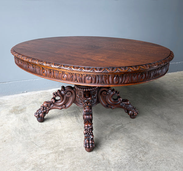 Antique French Dining Table in Solid Oak Wood with Highly Carved Base