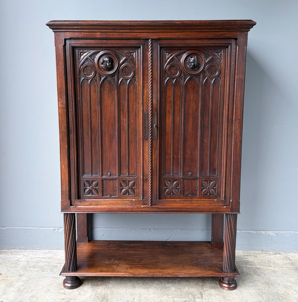 Large Antique French Gothic Revival Cabinet Highly Carved in Walnut Wood
