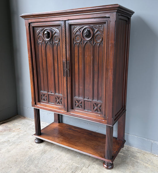 Large Antique French Gothic Revival Cabinet Highly Carved in Walnut Wood
