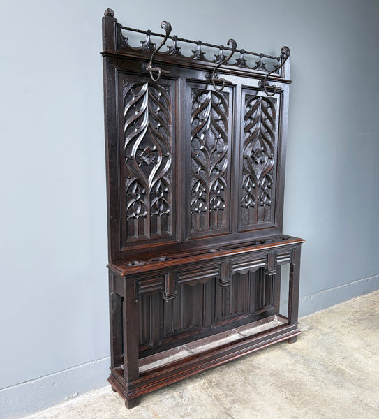 Antique French Gothic Hall Tree/Hall Stand/Coat/Hat Rack in Solid Chestnut Wood