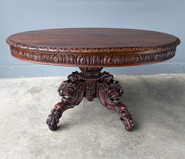 Antique French Dining Table in Solid Oak Wood with Highly Carved Base