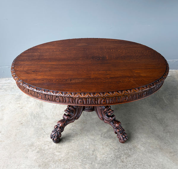 Antique French Dining Table in Solid Oak Wood with Highly Carved Base