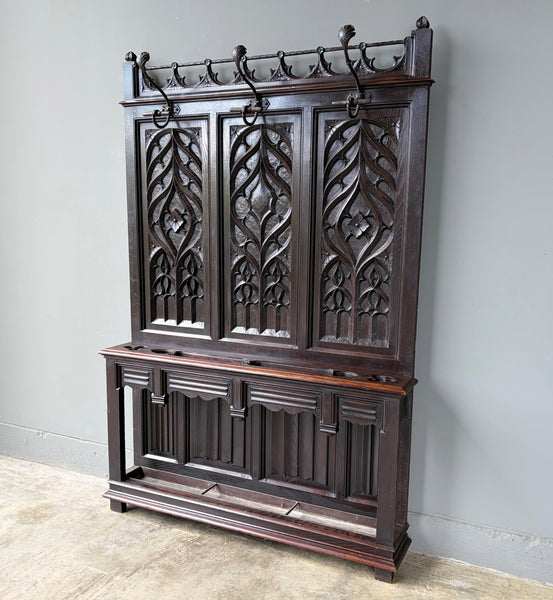Antique French Gothic Hall Tree/Hall Stand/Coat/Hat Rack in Solid Chestnut Wood
