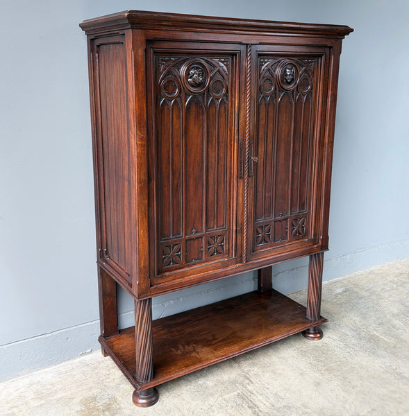 Large Antique French Gothic Revival Cabinet Highly Carved in Walnut Wood