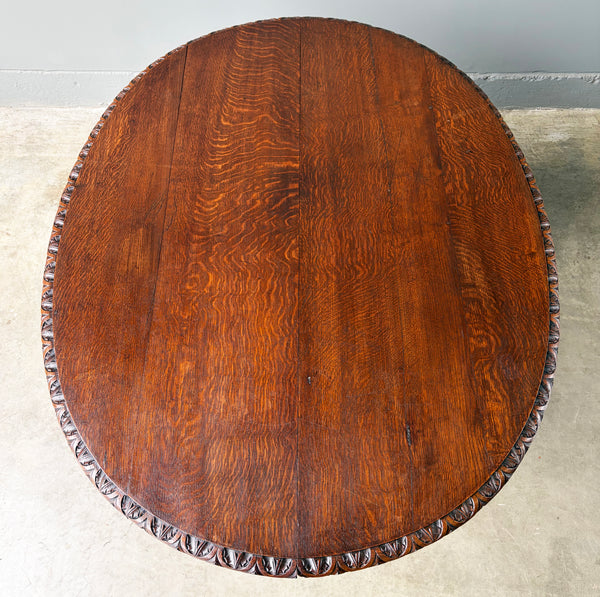 Antique French Dining Table in Solid Oak Wood with Highly Carved Base