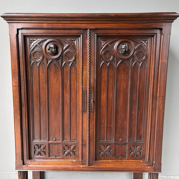 Large Antique French Gothic Revival Cabinet Highly Carved in Walnut Wood