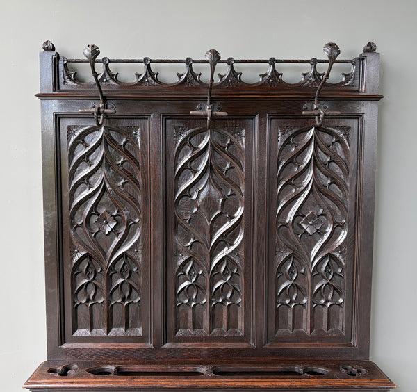Antique French Gothic Hall Tree/Hall Stand/Coat/Hat Rack in Solid Chestnut Wood