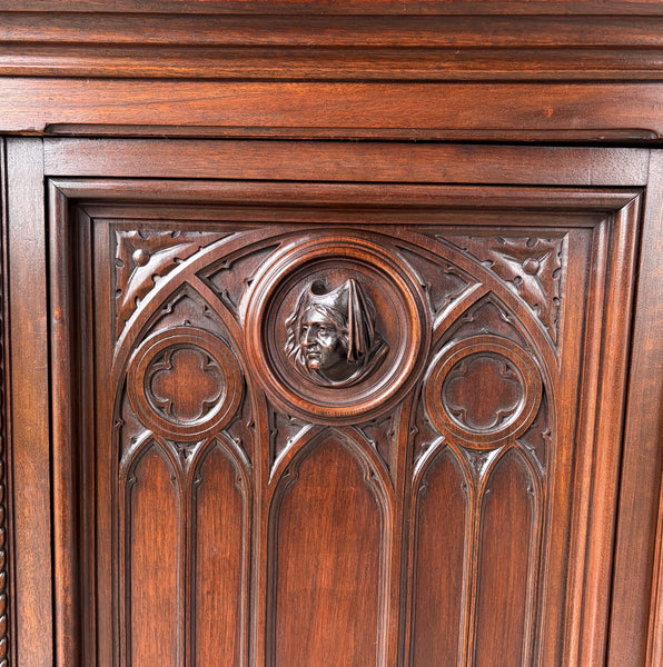 Large Antique French Gothic Revival Cabinet Highly Carved in Walnut Wood