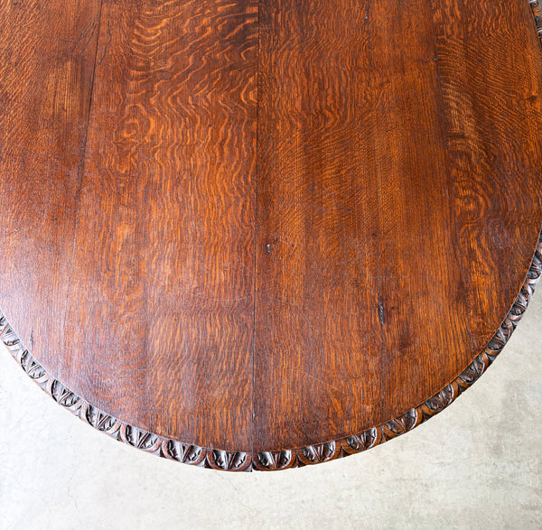 Antique French Dining Table in Solid Oak Wood with Highly Carved Base