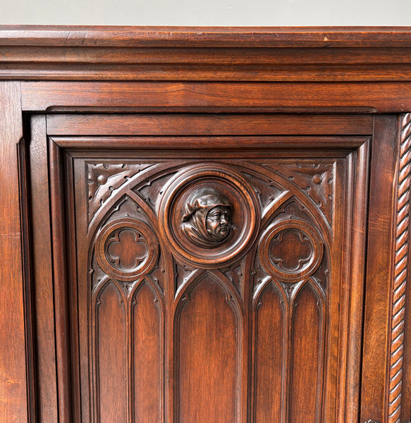 Large Antique French Gothic Revival Cabinet Highly Carved in Walnut Wood