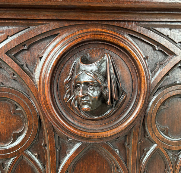 Large Antique French Gothic Revival Cabinet Highly Carved in Walnut Wood
