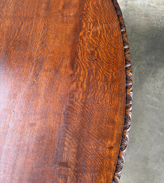 Antique French Dining Table in Solid Oak Wood with Highly Carved Base