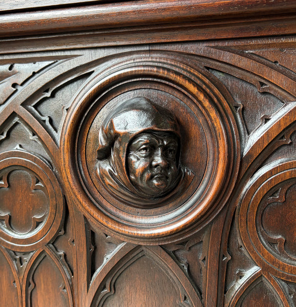 Large Antique French Gothic Revival Cabinet Highly Carved in Walnut Wood