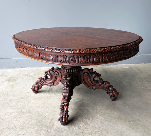 Antique French Dining Table in Solid Oak Wood with Highly Carved Base