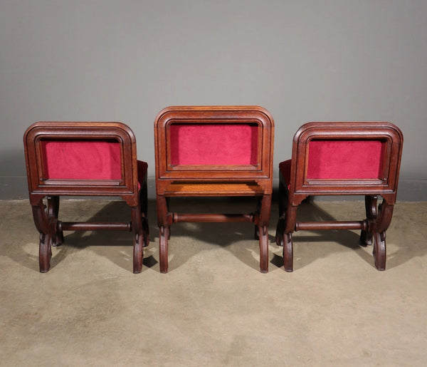 Antique Gothic Priest's Pulpit/Sanctuary Chair Set In Solid Oak and Red Velvet