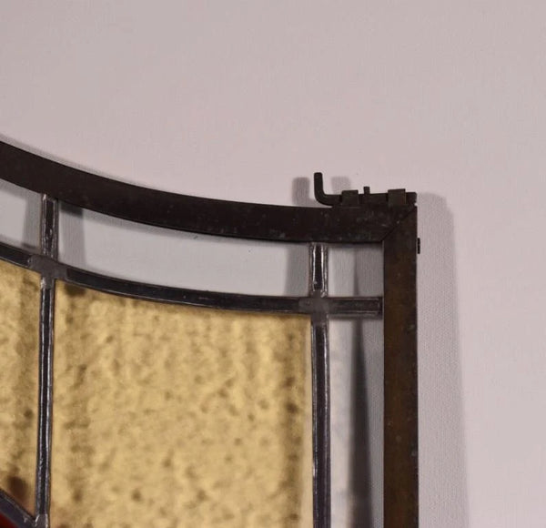 Brass Framed Antique French Stained Glass Panel with Mountain Pass Scene