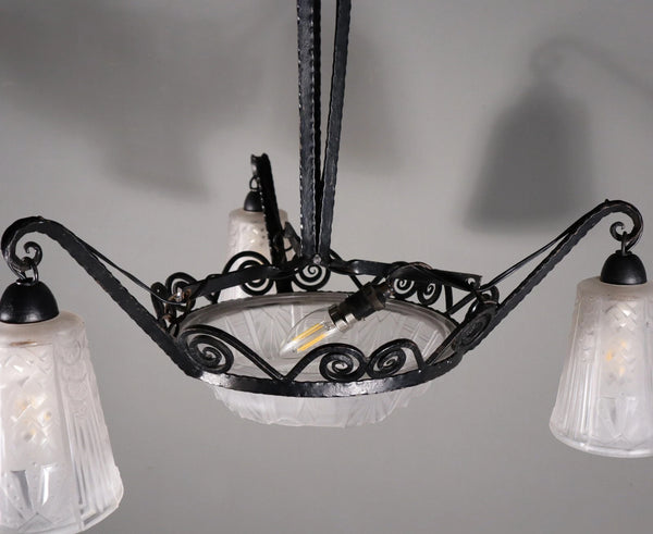 Antique French Art Deco Chandelier with Frosted Glass and Iron by Muller Freres