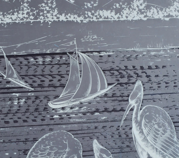25" Tall Antique French Etched Glass Window Frosted Glass with Herons/Birds