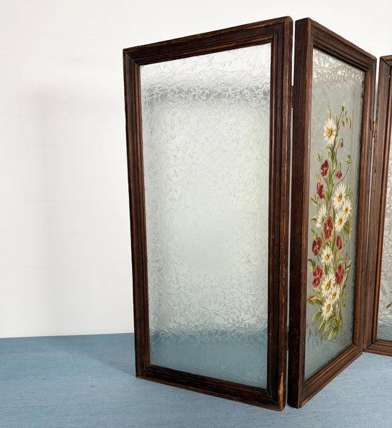 21" Tall Antique French Hand Painted Folding Glass Screen with Flowers