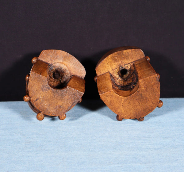 Pair of 3" Tall French Antique Highly Carved Jester Heads in Solid Walnut Wood