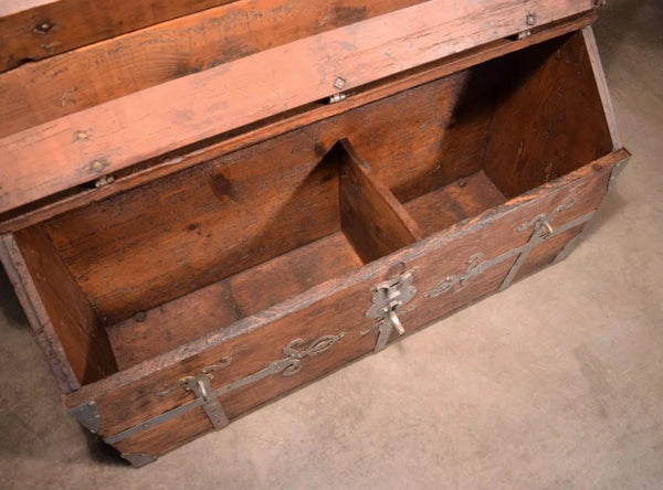 Large Antique French Chest/Trunk in Solid Pine Wood With Iron Straps 1800's