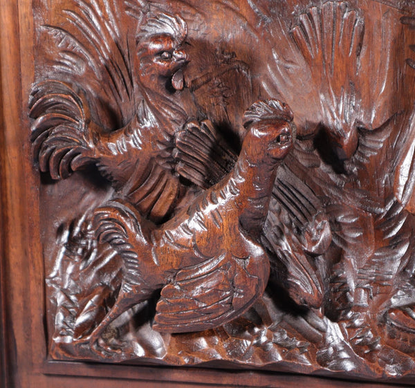 Antique French Solid Walnut Wood Highly Carved Panel w/Woman Feeding Chickens
