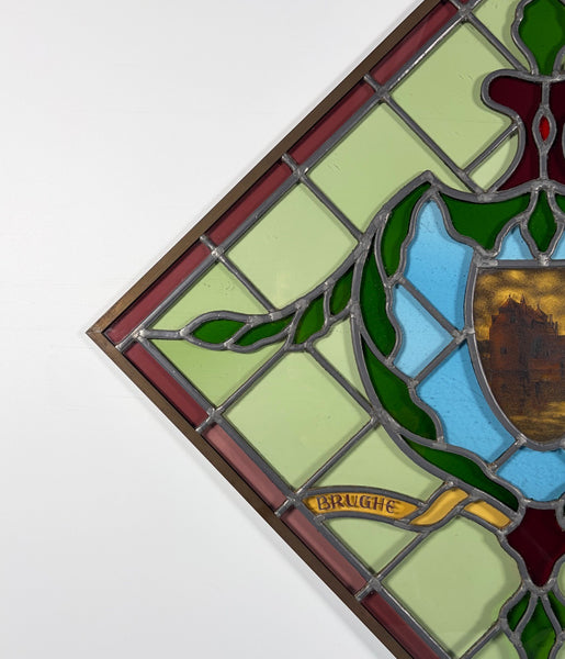 31" Tall Vintage Belgian/Flanders Stained/Leaded Glass Panel of Bruges Belgium