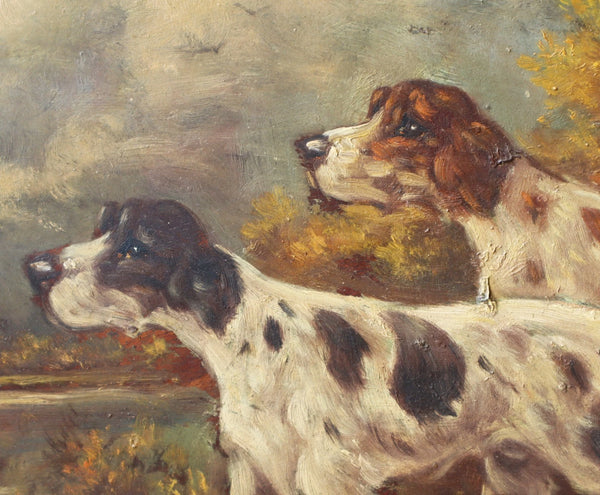 Antique Oil on Panel Painting of Two Hunting Dogs by P. Schouten (1860-1922)
