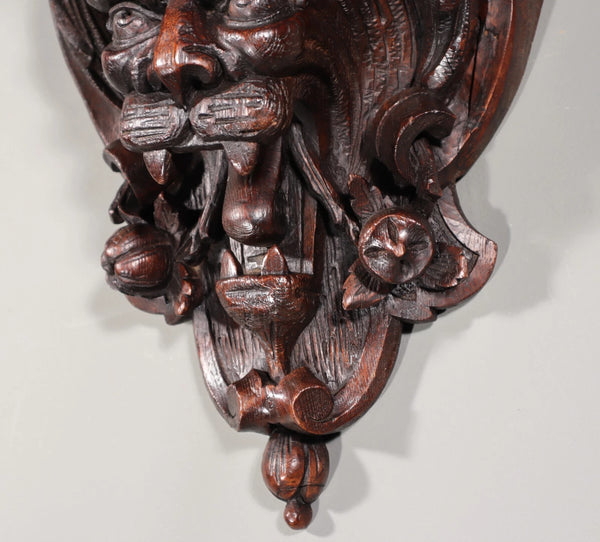 Pair of Large French Antique Lion Wall Sconces/Shelves in Solid Oak and Chestnut