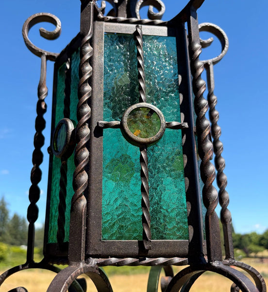 20" Tall Vintage French Iron and Stained Glass Hanging Chandelier/Pendant Lamp