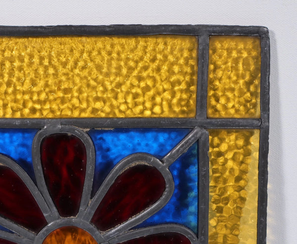 9" Tall Antique French Stained Glass Panel with Flower Leaded Glass