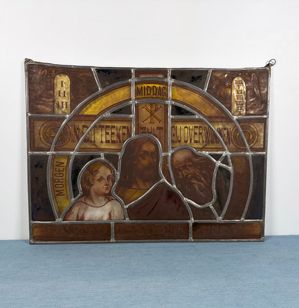 22" Wide Vintage Dutch Religious Stained/Leaded Glass Panel by Felix Bonner