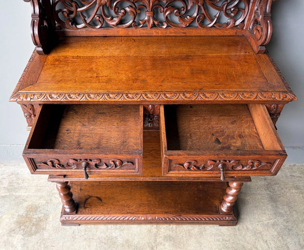 Antique French Renaissance Sideboard/Buffet in Solid Oak Highly Carved Wood