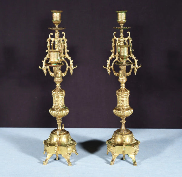 19" Tall Pair of Antique French Gilded Bronze Candelabra Candlesticks