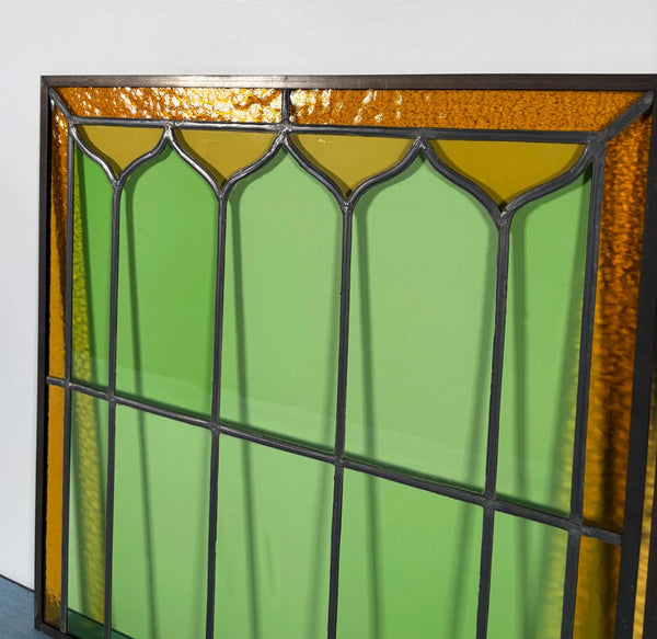 43" Tall Pair of Antique French Stained Glass Window Panels Green & Yellow Glass