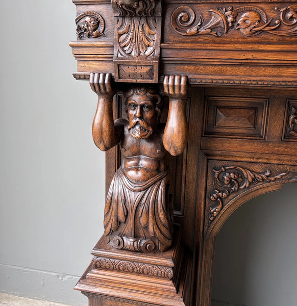 XL Vintage Renaissance Revival Oak Fireplace Surround/Mantel w/Carved Figures