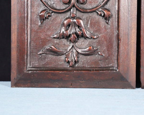 21" Tall Pair of Antique French Solid Walnut Wood Highly Carved Panels