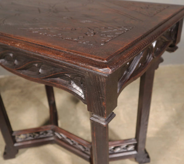 Antique French Gothic Revival Table in Solid Chestnut Wood With Carvings