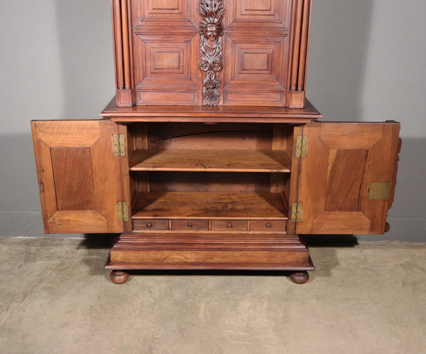French Antique Solid Walnut Wood Neoclassical Gun Case/Cabinet with Carvings