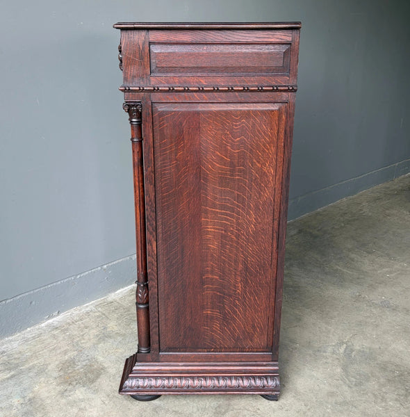 French Antique Solid Oak Wood Cabinet with Highly Carved Virgin Mary Door